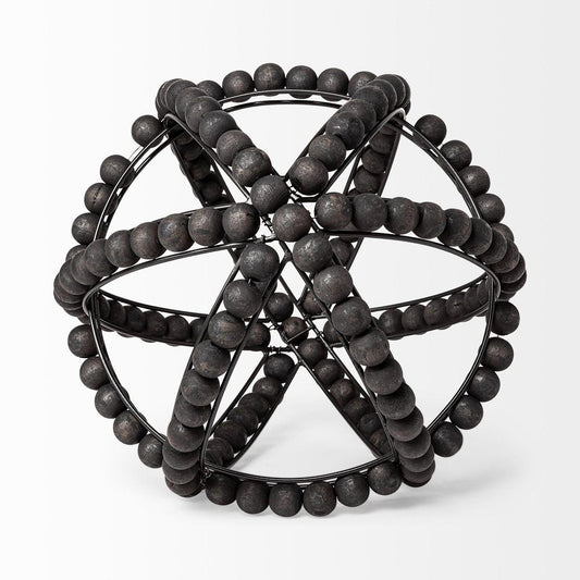 12" Black Wood Bead And Metal Decorative Orb Sculpture HomeRoots