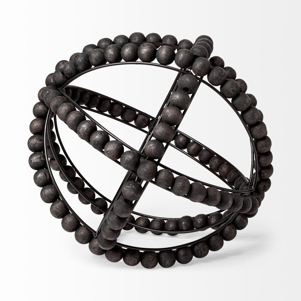 12" Black Wood Bead And Metal Decorative Orb Sculpture HomeRoots