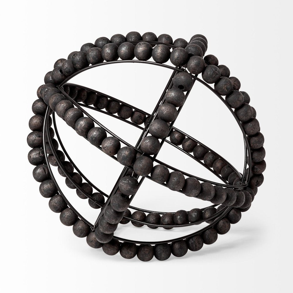 12" Black Wood Bead And Metal Decorative Orb Sculpture HomeRoots