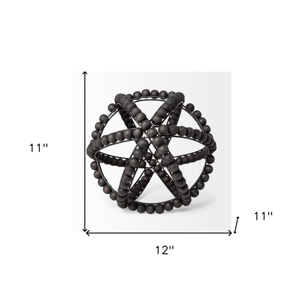 12" Black Wood Bead And Metal Decorative Orb Sculpture — view 6