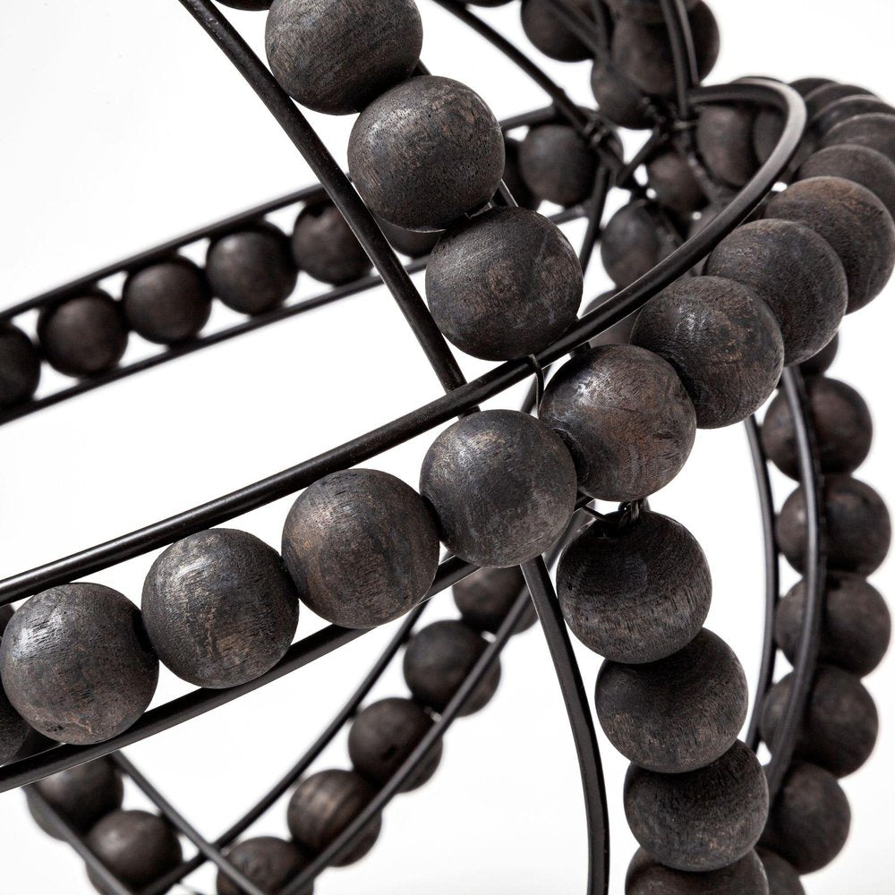 12" Black Wood Bead And Metal Decorative Orb Sculpture HomeRoots