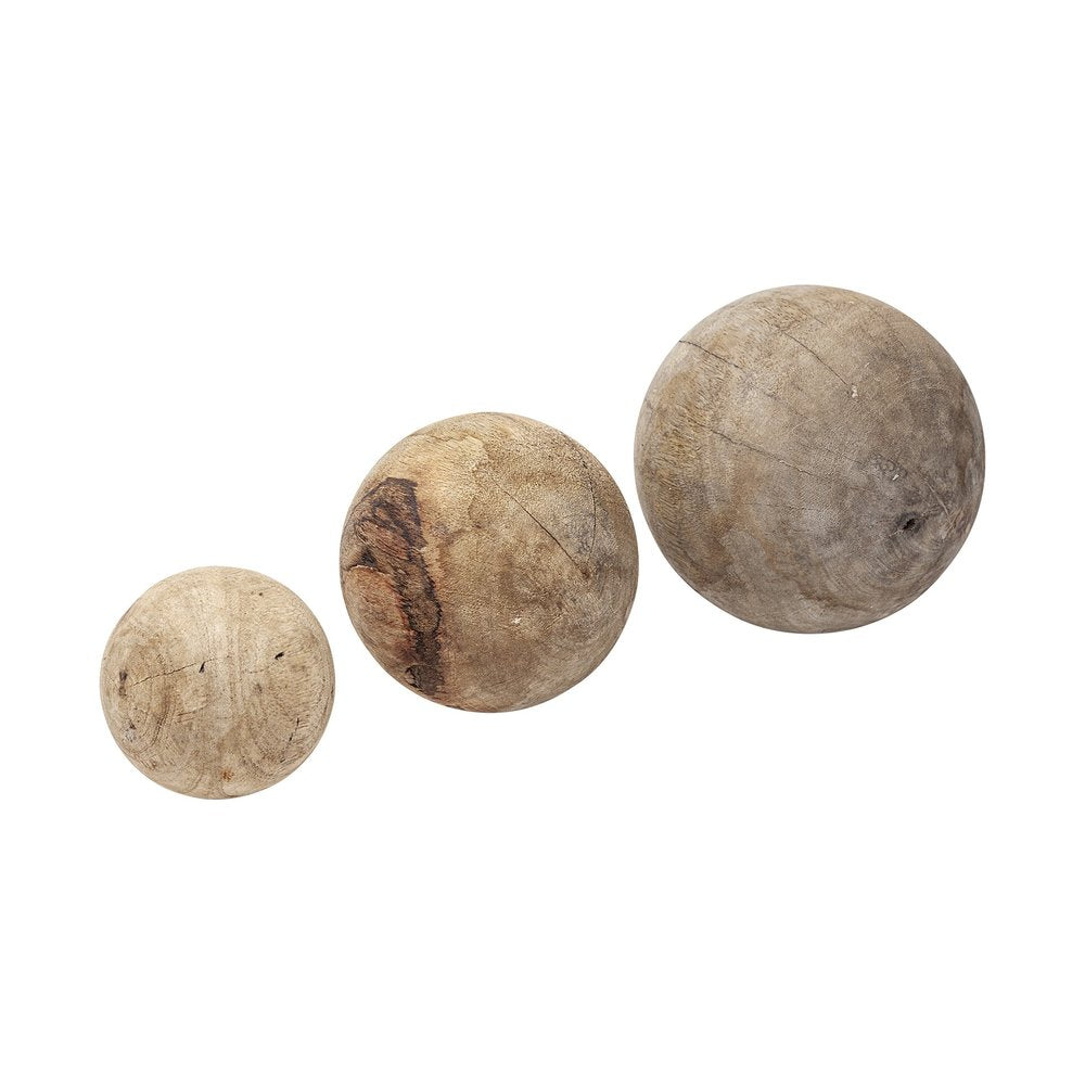 Set of Three 5" Brown Solid Wood Decorative Orb HomeRoots