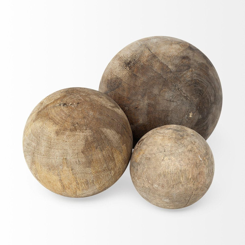 Set of Three 5" Brown Solid Wood Decorative Orb HomeRoots