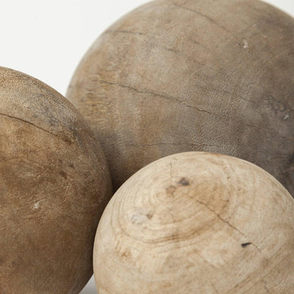Set of Three 5" Brown Solid Wood Decorative Orb HomeRoots