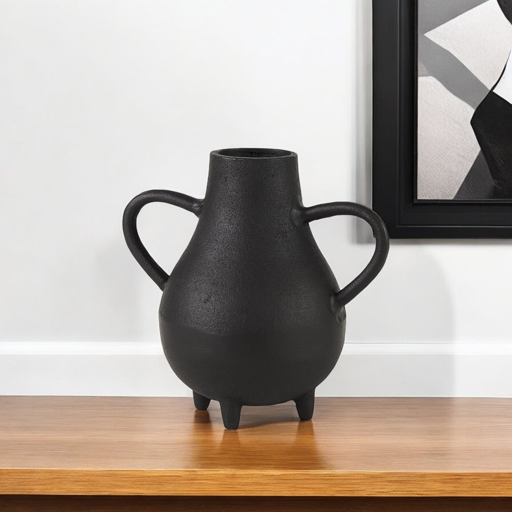8" Black Two Handle Ceramic Jug Vase HomeRoots