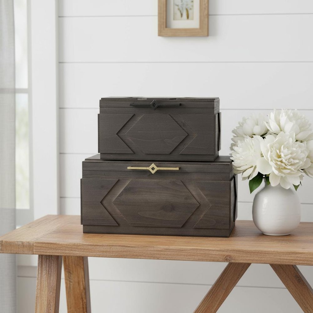 Set of Two Brown Solid Wood Box With Lid HomeRoots