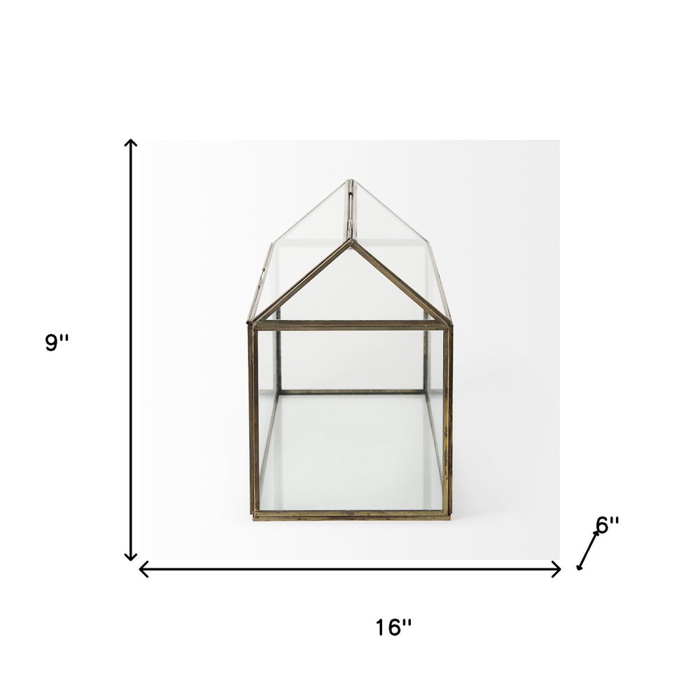 16" Clear And Gold Glass And Metal Terrarium House Organizing Box HomeRoots