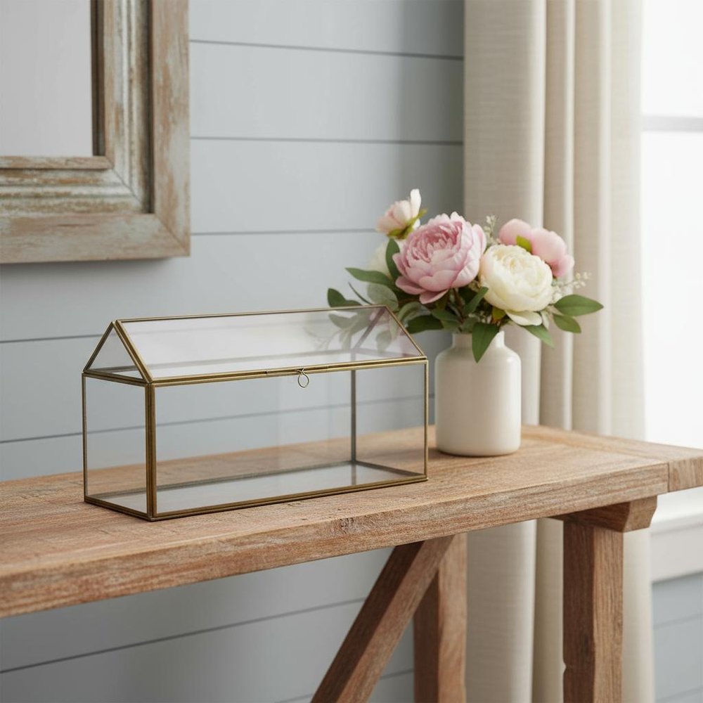 16" Clear And Gold Glass And Metal Terrarium House Organizing Box HomeRoots