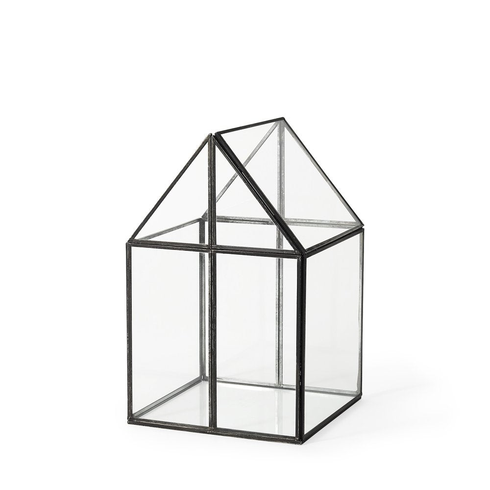 8" Clear And Black Glass And Metal Terrarium House Organizing Box HomeRoots