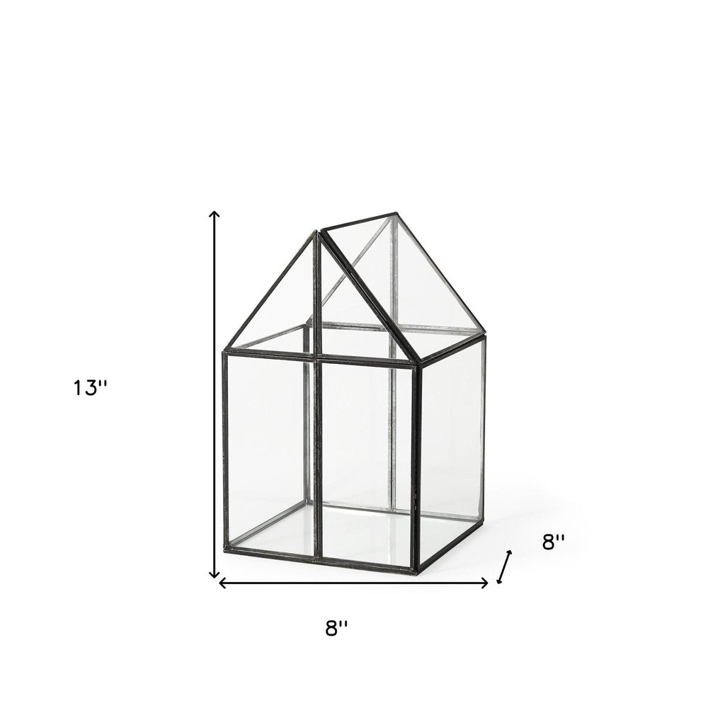 8" Clear And Black Glass And Metal Terrarium House Organizing Box HomeRoots