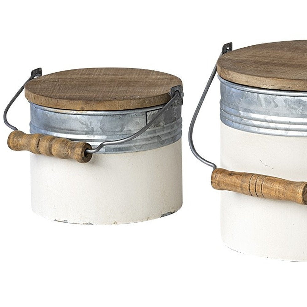 Set of Three White Gray And Brown Metal And Solid Wood Storage Buckets With Lid HomeRoots