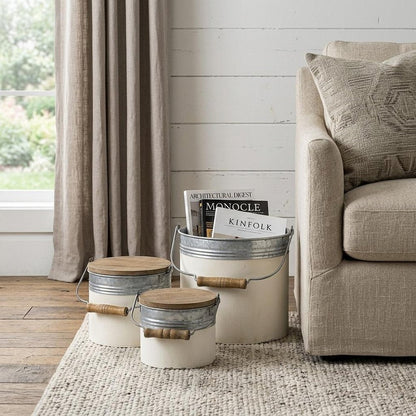Set of Three White Gray And Brown Metal And Solid Wood Storage Buckets With Lid HomeRoots