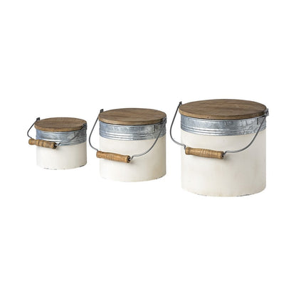 Set of Three White Gray And Brown Metal And Solid Wood Storage Buckets With Lid HomeRoots