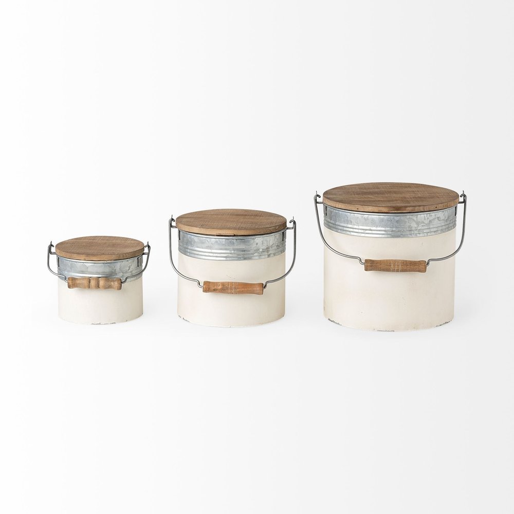 Set of Three White Gray And Brown Metal And Solid Wood Storage Buckets With Lid HomeRoots