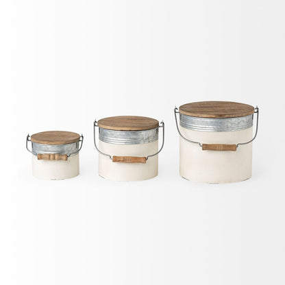 Set of Three White Gray And Brown Metal And Solid Wood Storage Buckets With Lid HomeRoots