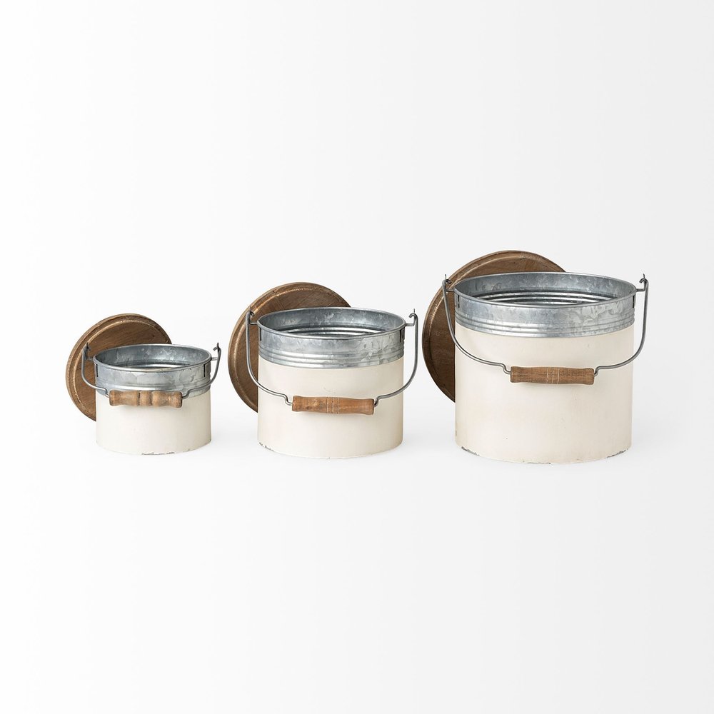 Set of Three White Gray And Brown Metal And Solid Wood Storage Buckets With Lid HomeRoots