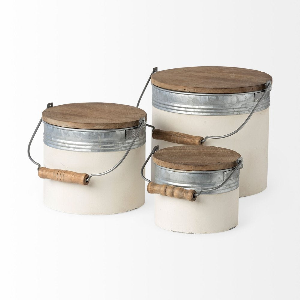 Set of Three White Gray And Brown Metal And Solid Wood Storage Buckets With Lid HomeRoots