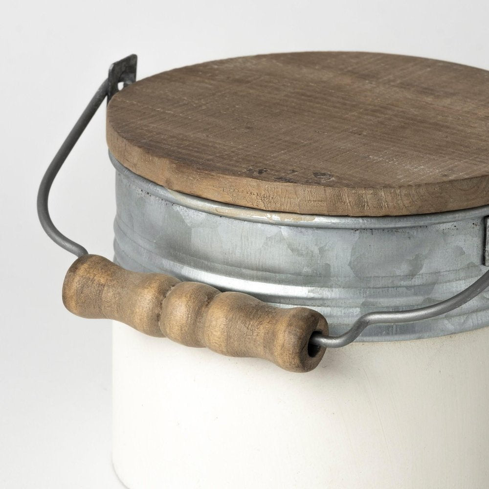Set of Three White Gray And Brown Metal And Solid Wood Storage Buckets With Lid HomeRoots