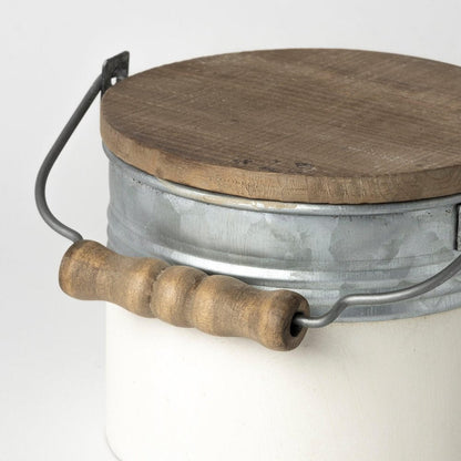 Set of Three White Gray And Brown Metal And Solid Wood Storage Buckets With Lid HomeRoots