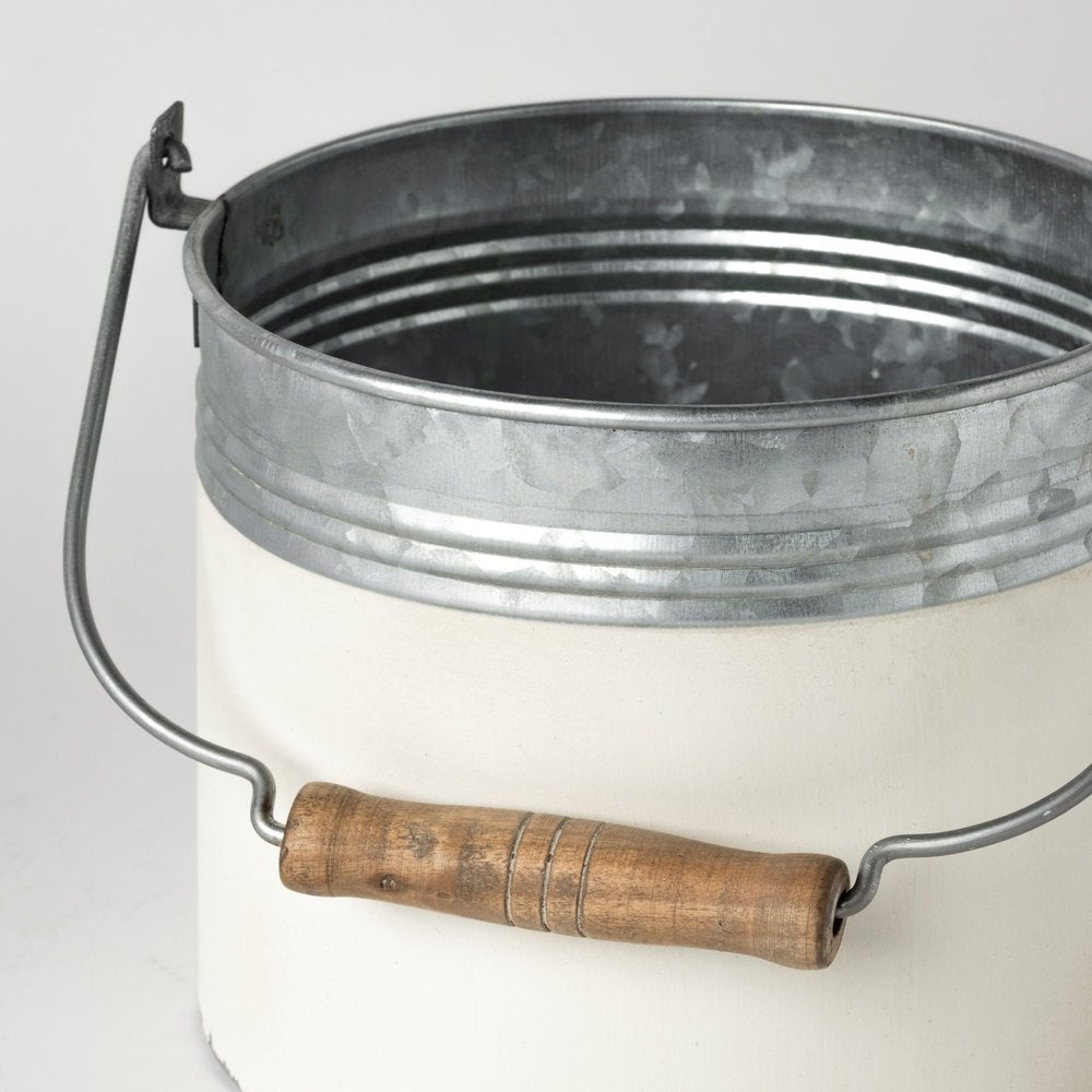 Set of Three White Gray And Brown Metal And Solid Wood Storage Buckets With Lid HomeRoots
