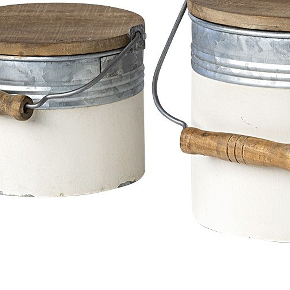 Set of Three White Gray And Brown Metal And Solid Wood Storage Buckets With Lid HomeRoots