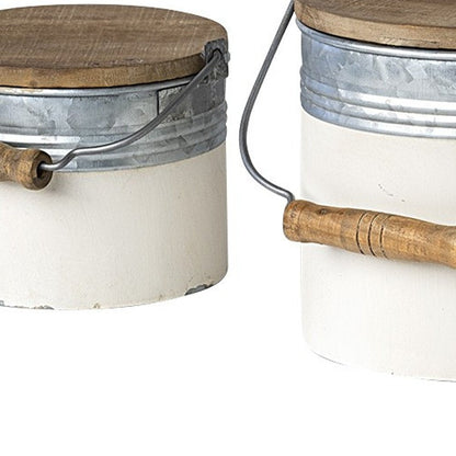 Set of Three White Gray And Brown Metal And Solid Wood Storage Buckets With Lid HomeRoots