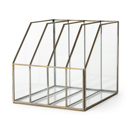 Modern Rustic Gold Metal And Glass File Holder - FurniFindUSA