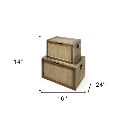 Set Of Two Brown and Natural Wood And Cane Storage Boxes