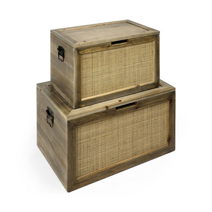 Set Of Two Brown and Natural Wood And Cane Storage Boxes