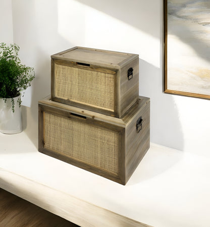 Set Of Two Brown and Natural Wood And Cane Storage Boxes