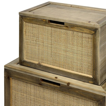 Set Of Two Brown and Natural Wood And Cane Storage Boxes