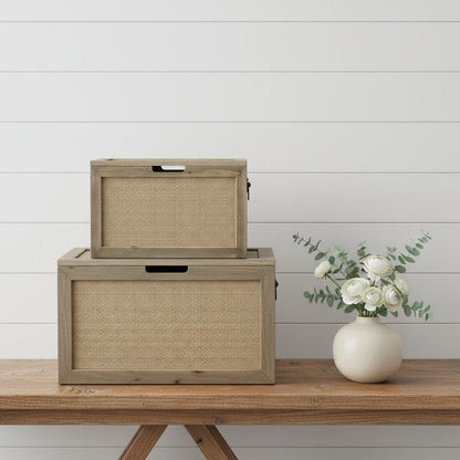 Set of Two Brown And Natural Cane And Solid Wood Box With Lid HomeRoots