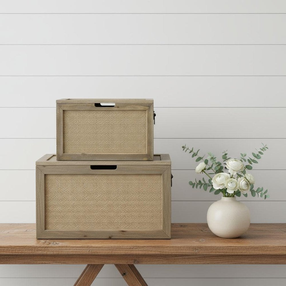 Set of Two Brown And Natural Cane And Solid Wood Box With Lid HomeRoots