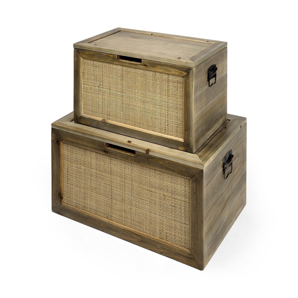Set of Two Brown And Natural Cane And Solid Wood Box With Lid HomeRoots