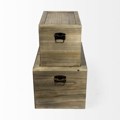 Set Of Two Brown and Natural Wood And Cane Storage Boxes