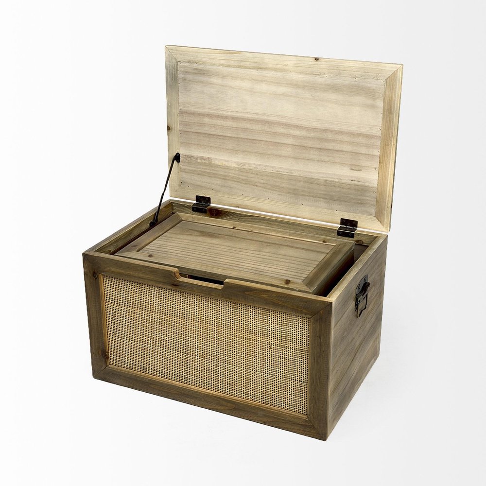 Set of Two Brown And Natural Cane And Solid Wood Box With Lid HomeRoots
