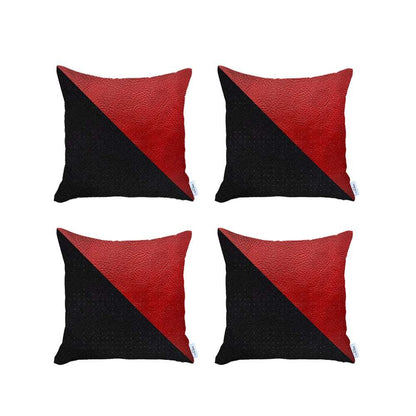 Set Of 4 Red And Faux Leather Lumbar Pillow Covers