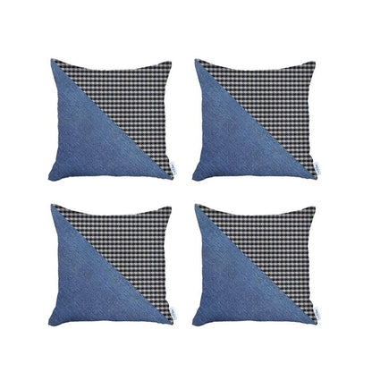 Set Of 4 Blue Houndstooth Pillow Covers