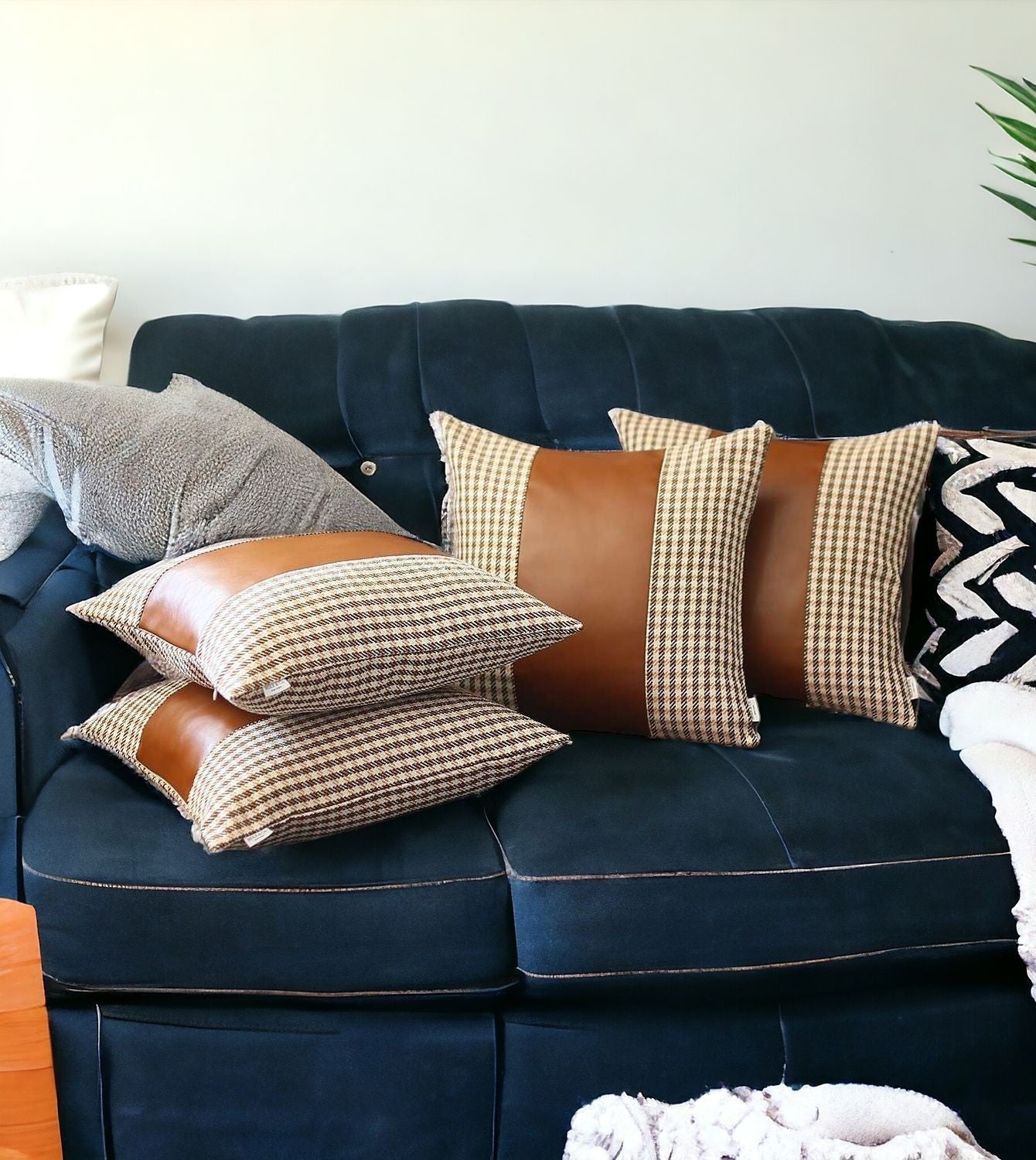 Set Of 4 Brown Checkered Faux Leather Pillow Covers