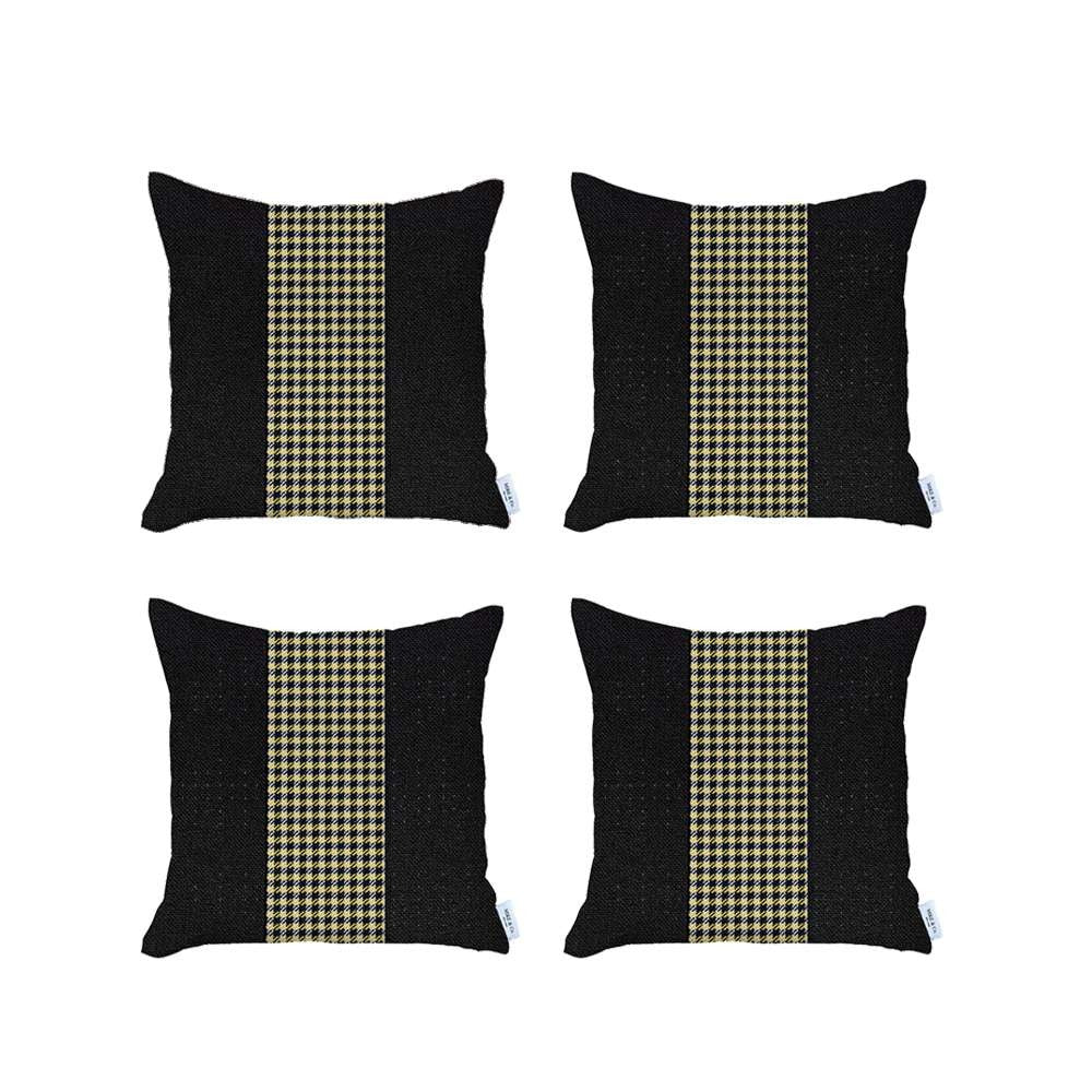 Set Of 4 Black And Yellow Houndstooth Pillow Covers