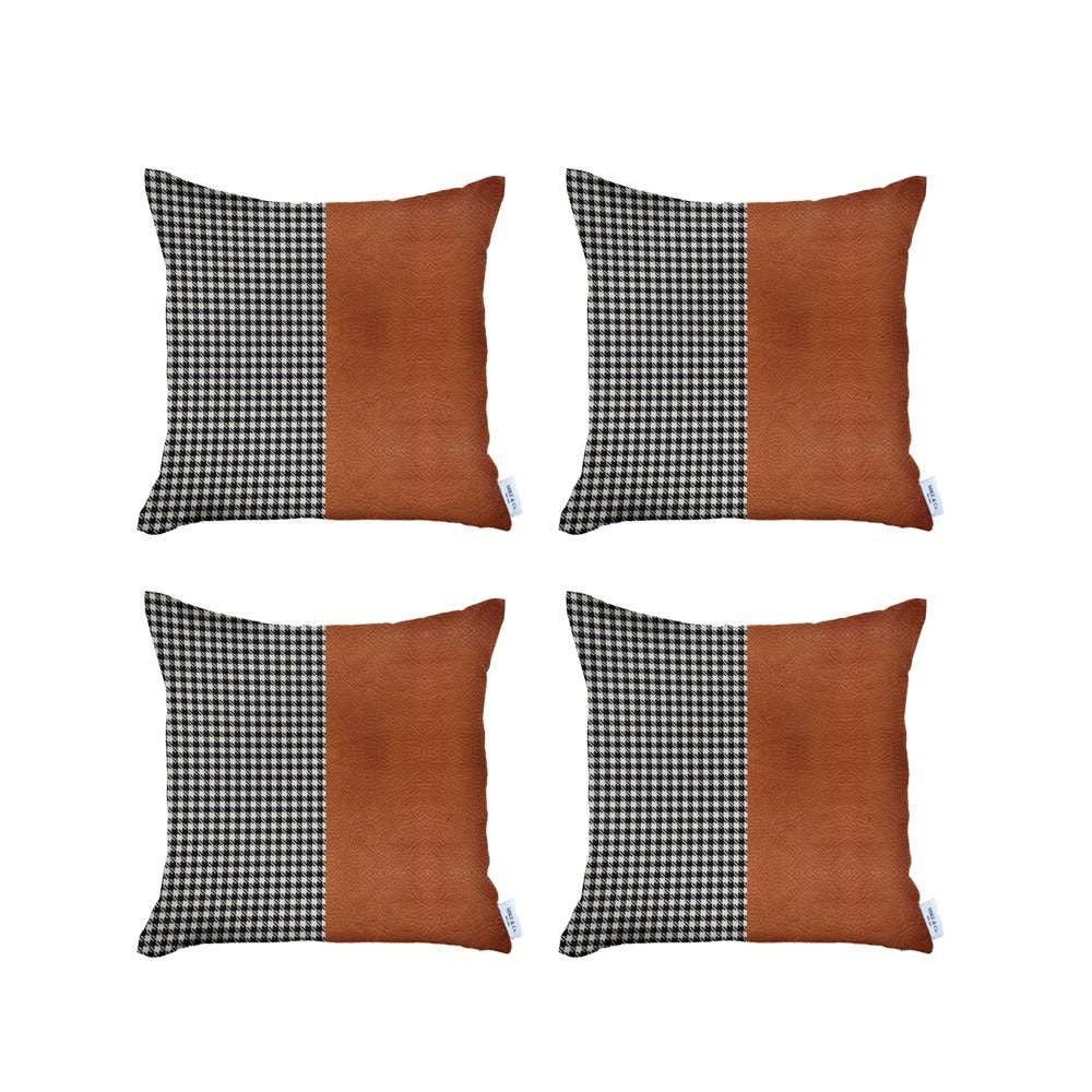 Set Of 4 Brown Faux Leather Pillow Covers