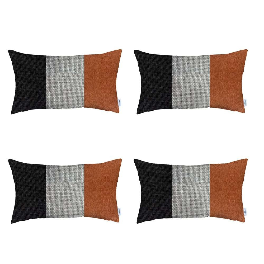 Set Of 4 Brown Faux Leather Lumbar Pillow Covers