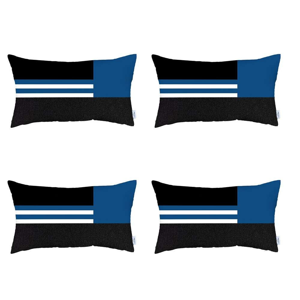 Set Of 4 Blue And Black Lumbar Pillow Covers