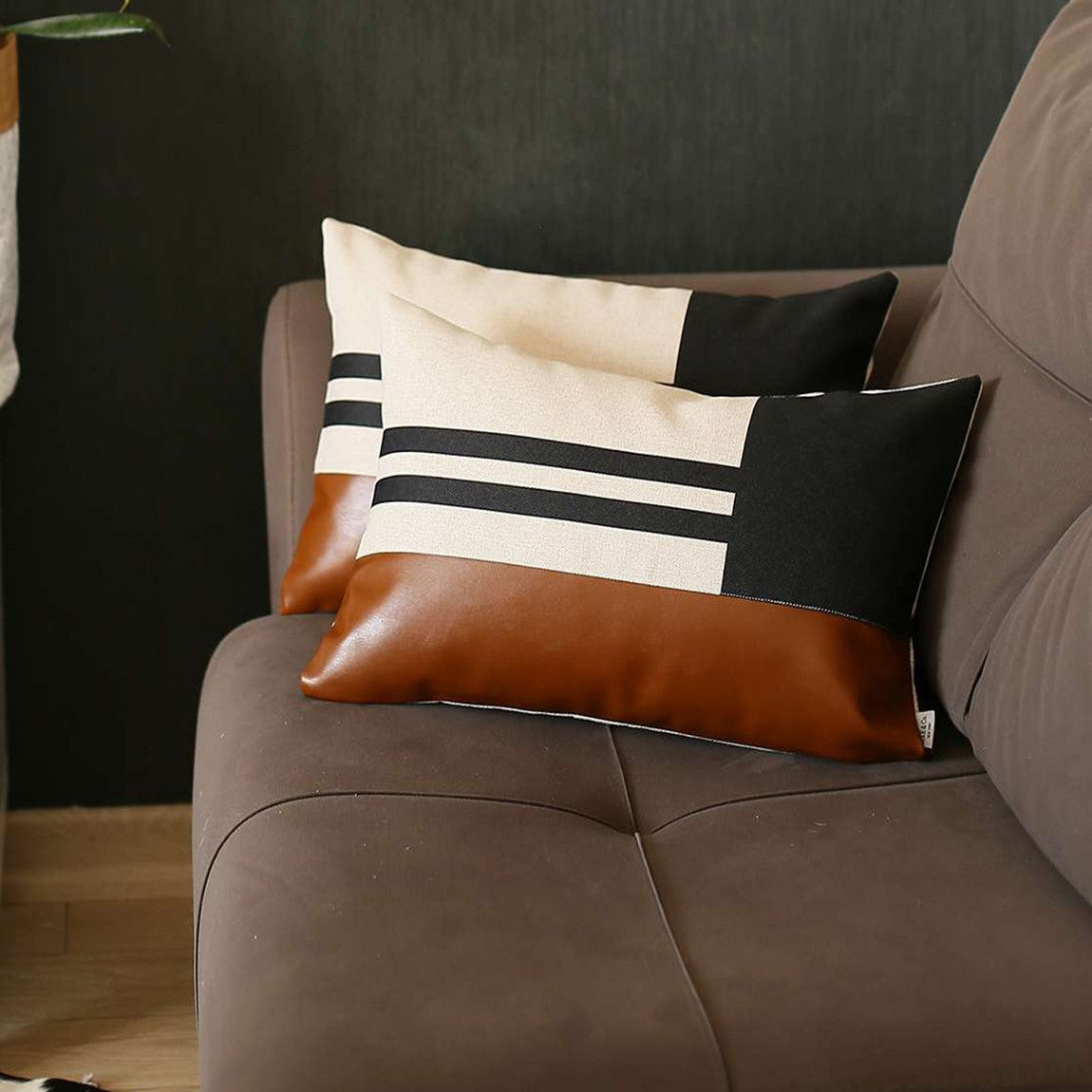 Set Of 2 Brown Geometric Lumbar Pillow Covers FurniFindUSA