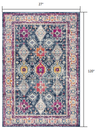 12' Runner Blue and Ivory Oriental Runner Rug - 24.02" (L) x 96.06" (W) x 0.12" (H)