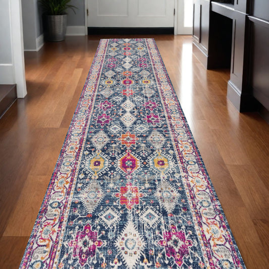 13' Runner Blue and Ivory Oriental Runner Rug - 27.0" (L) x 240.0" (W) x 0.6" (H)