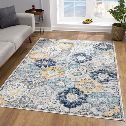 12' X 18' Blue and Yellow Floral Washable Non Skid Area Rug