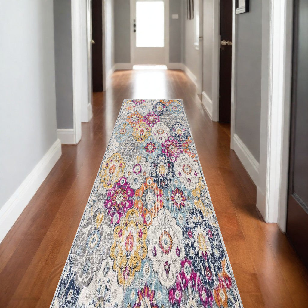 13' Runner Blue and Ivory Floral Runner Rug - 32.0" (L) x 240.0" (W) x 0.6" (H)