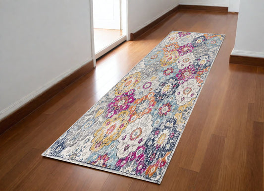 8' Runner Blue and Ivory Floral Runner Rug - 27.0" (H) x 96.0" (W) x 0.4" (D)