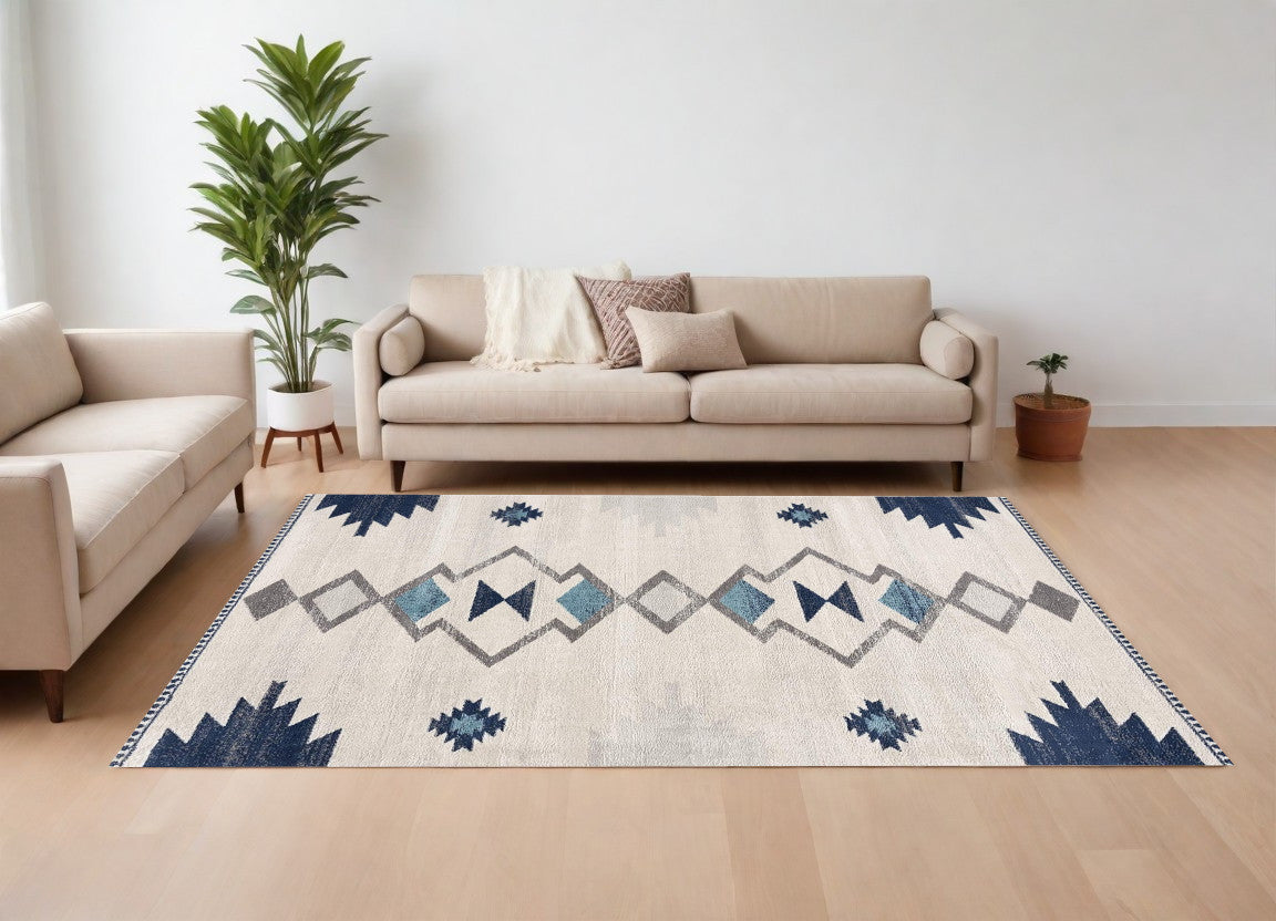 9' X 13' Navy and Ivory Tribal Pattern Area Rug - 279.4" (H) x 378.46" (W) x 1.02" (D)